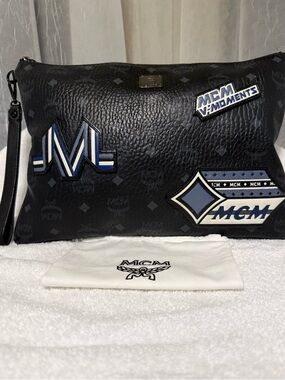 MCM  Unisex Black Leather Logo Patches, Sm/Med Size Pouch with Blue Accents